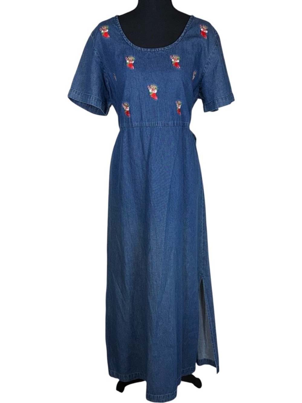 VTG Chambray Denim Maxi Dress Christmas Bear Stockings Cottage Grandma Prairie L
